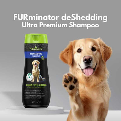 FURminator deShedding Ultra Premium Shampoo bottle with a happy dog on a gray background