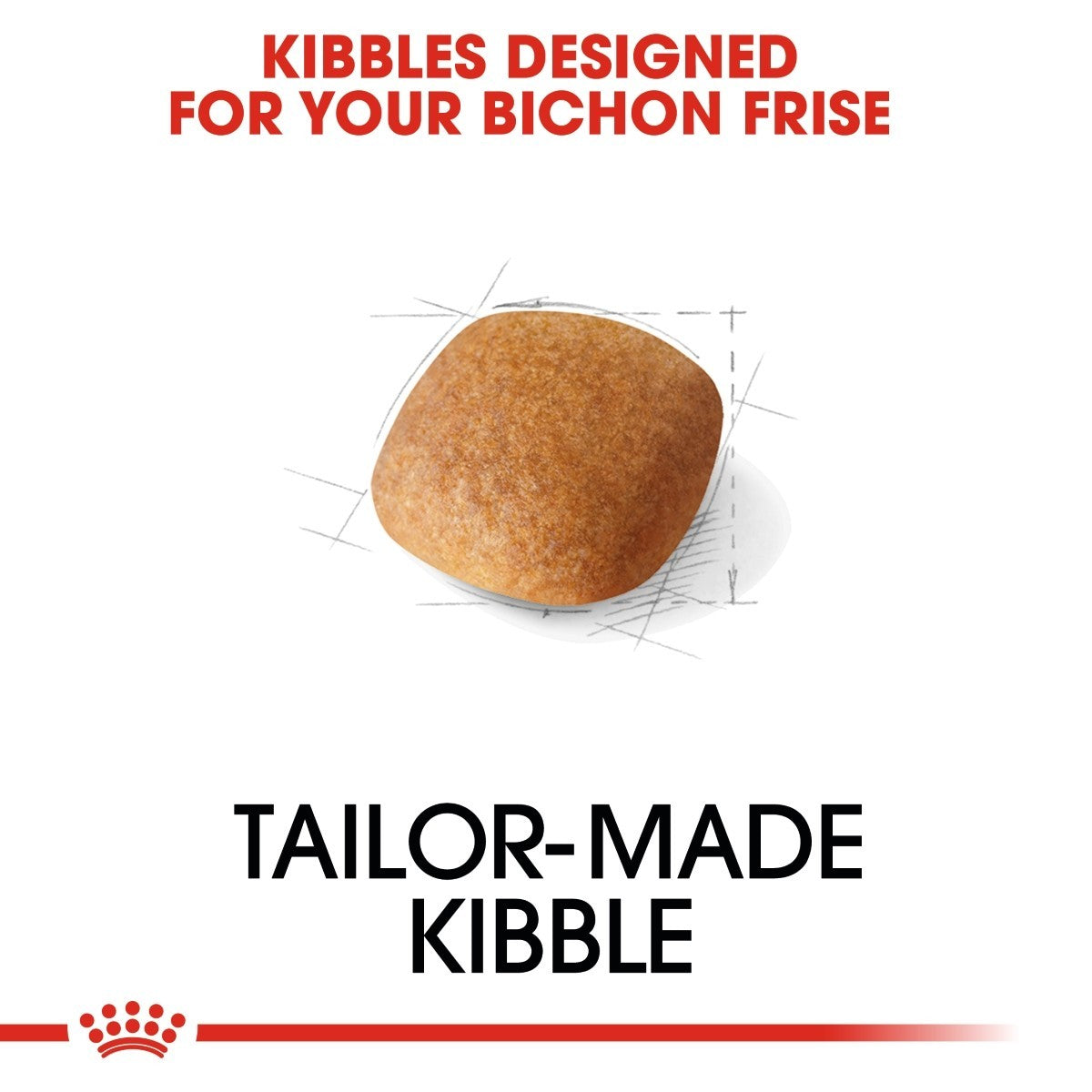 Dog kibble with text 'Kibbles Designed for Your Bichon Frise' and 'Tailor-Made Kibble' on a white background.