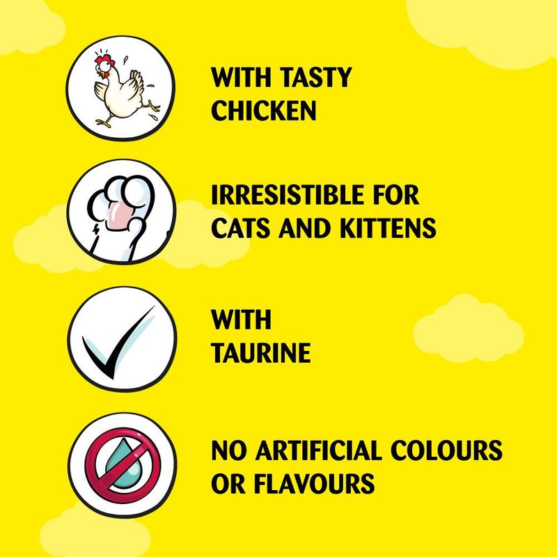 Product label with text about a pet food product on a yellow background