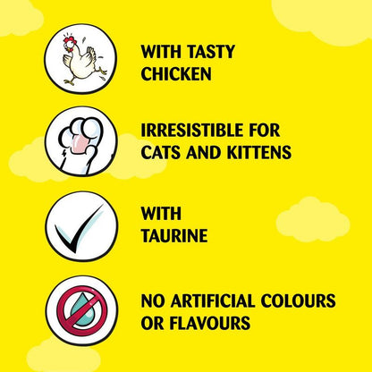 Product label with text about a pet food product on a yellow background
