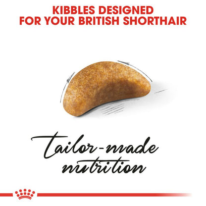 Cat food kibble with text 'Kibbles Designed for your British Shorthair' and 'Tailor-made nutrition' on a white background.