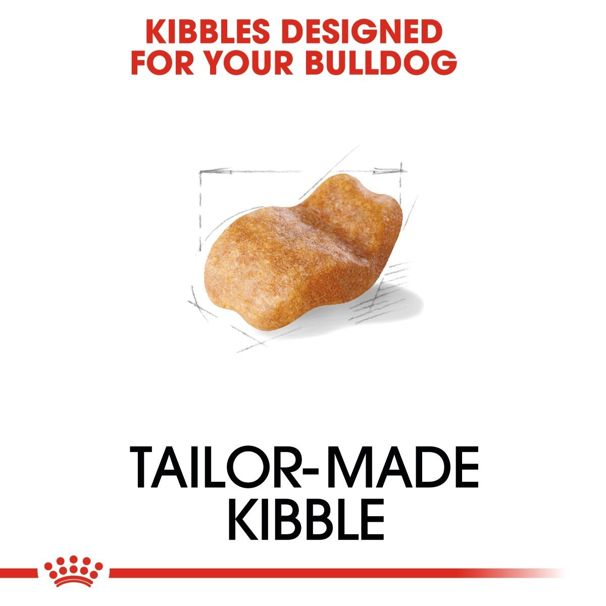 Dog kibble shaped like a bulldog's face with text 'Kibbles Designed for Your Bulldog' and 'Tailor-Made Kibble'.