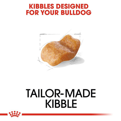 Dog kibble shaped like a bulldog's face with text 'Kibbles Designed for Your Bulldog' and 'Tailor-Made Kibble'.