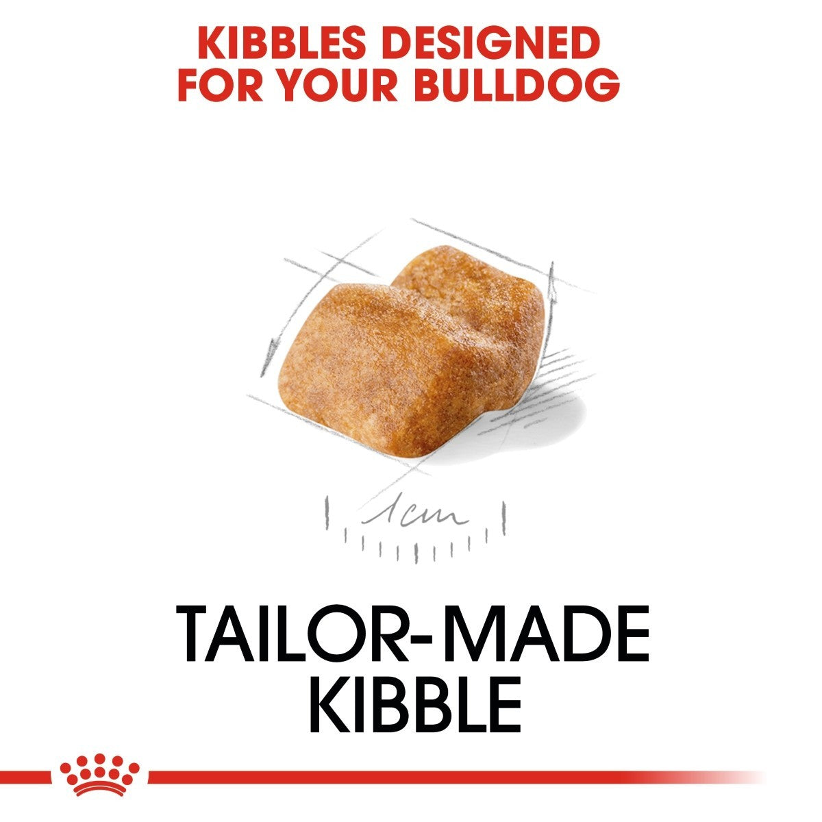 Tailor-made kibble for bulldogs with a clear kibble in the center on a white background.