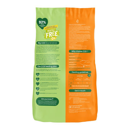 Green and orange pet food packaging with text and icons on a white background