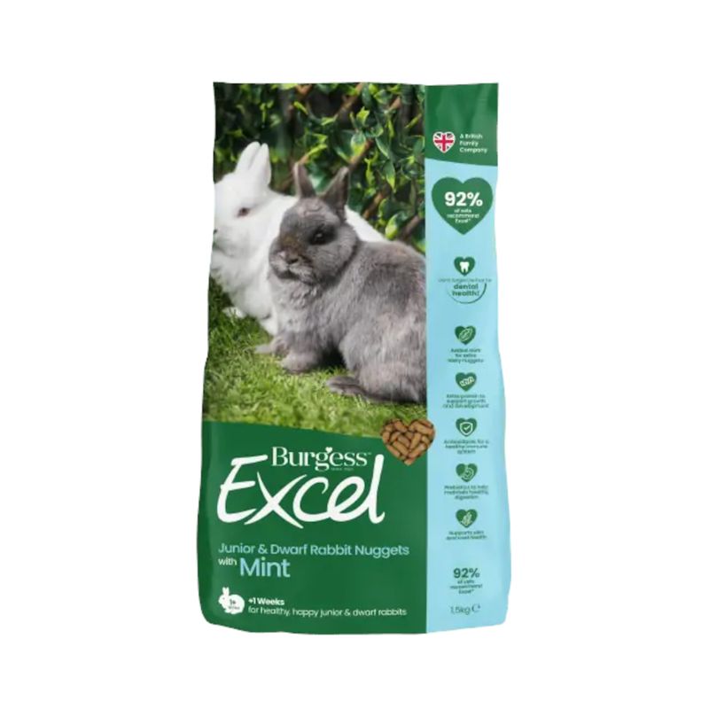 Burgess Excel Junior & Dwarf Rabbit Nuggets with Mint packaging on a white background