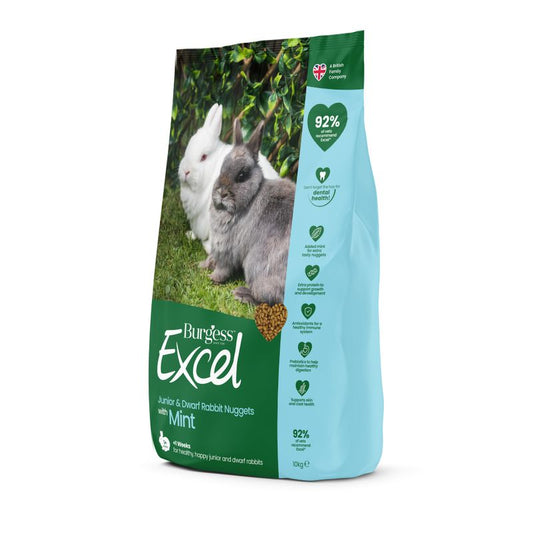 Burgess Excel Junior & Dwarf Rabbit Nuggets with Mint packaging on a white background
