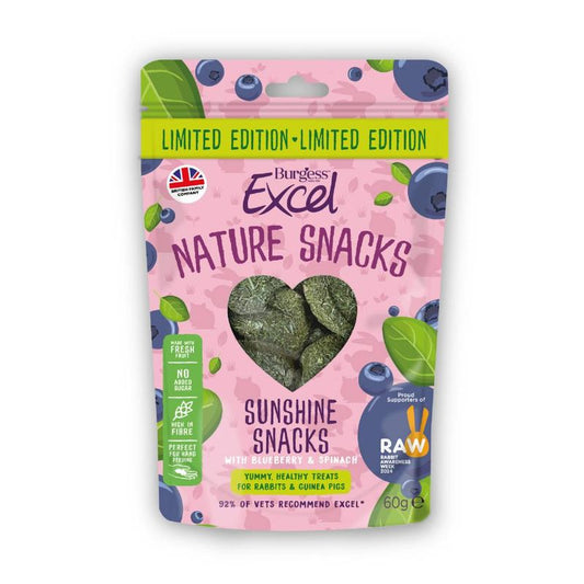 Burgess Excel Nature Snacks packaging with pink background and blueberries