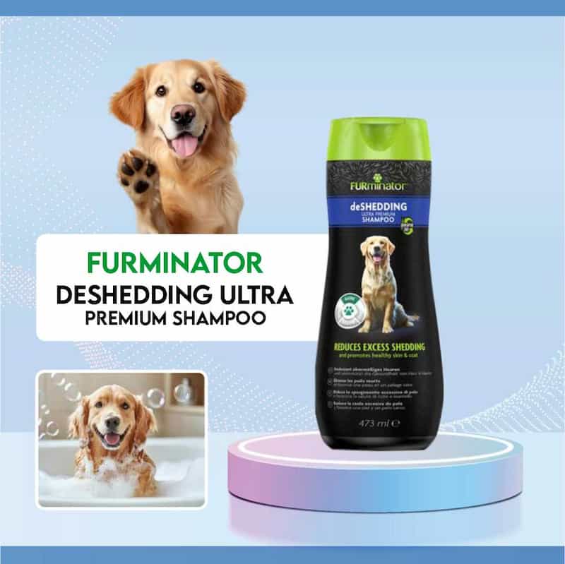 Furminator deshedding ultra premium shampoo with a dog and bath scene on a blue background