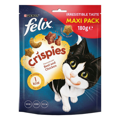 Felix Crispies cat treats packaging with a cat illustration on a blue background