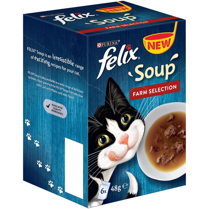 Felix cat soup packaging with a cat illustration on a blue background