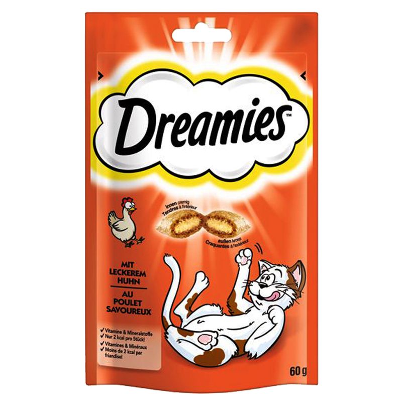 Dreamies cat treat package with a cartoon cat on an orange background