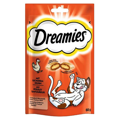 Dreamies cat treat package with a cartoon cat on an orange background