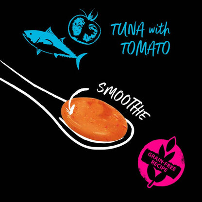 Illustration of tuna with tomato on a spoon against a black background