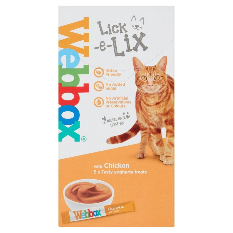 Lick-e-Lix Webbox cat treat packaging with a cat on an orange background