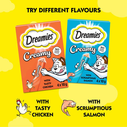 Two Dreamies cat food packages, one creamy with chicken and the other with salmon, on a yellow background.