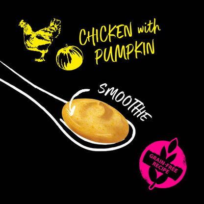 Illustration of a spoon with chicken and pumpkin smoothie, labeled 'Chicken with Pumpkin Smoothie' on a black background.