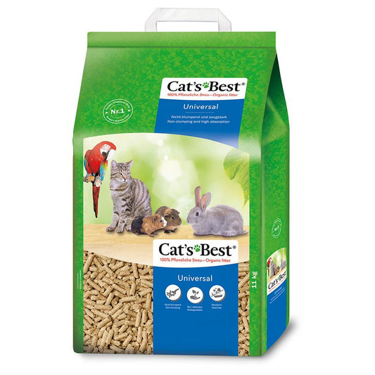 Bag of Cat's Best Universal pet food with a green and blue design featuring a cat, parrot, rabbit, and guinea pig.