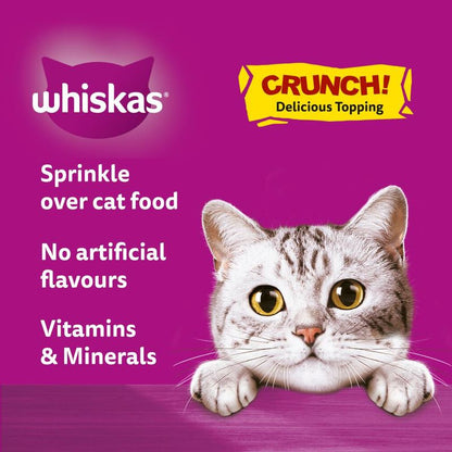 Whiskas cat food packaging with a purple background and a cat's face.