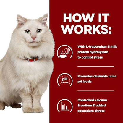 White cat with a red background and text about a product's benefits