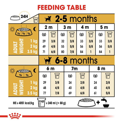 Feeding table chart for puppies aged 2-8 months with measurements and cup conversions.