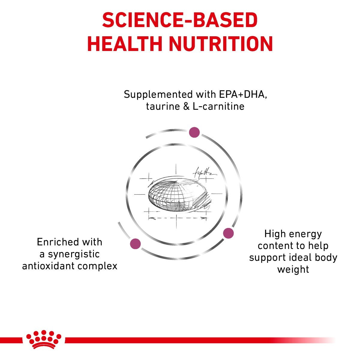 Science-based health nutrition label with text and a diagram of a cat food package.