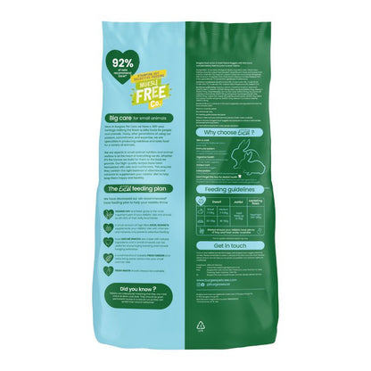 Green and blue pet food packaging with text and icons on a white background
