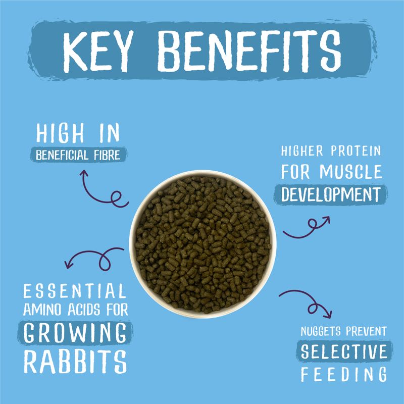 Key benefits of rabbit food on a blue background with text and a bowl of pellets.