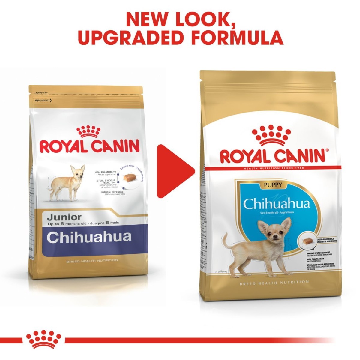 Two packages of Royal Canin Chihuahua dog food with text indicating a new look and upgraded formula.