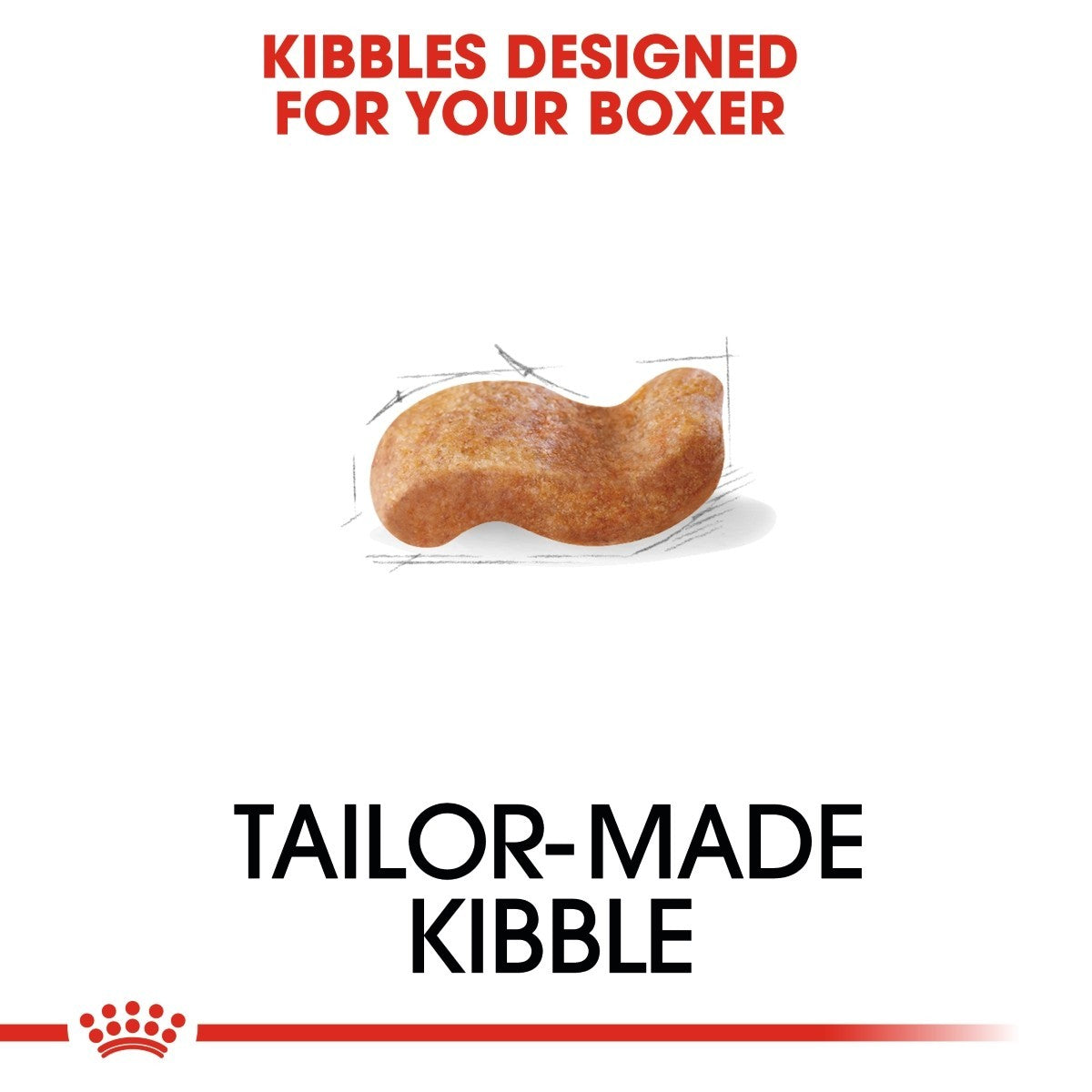 Tailor-made kibble for Boxer dogs with a red and white background