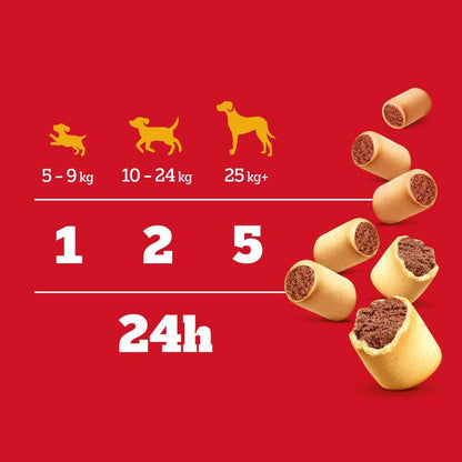 Dog food packaging with size chart and quantity display on a red background