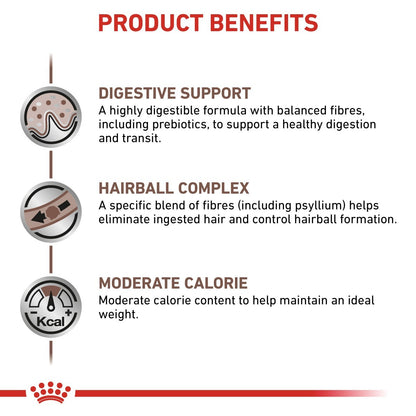 Product benefits of a pet food formula including digestive support, hairball complex, and moderate calorie content.