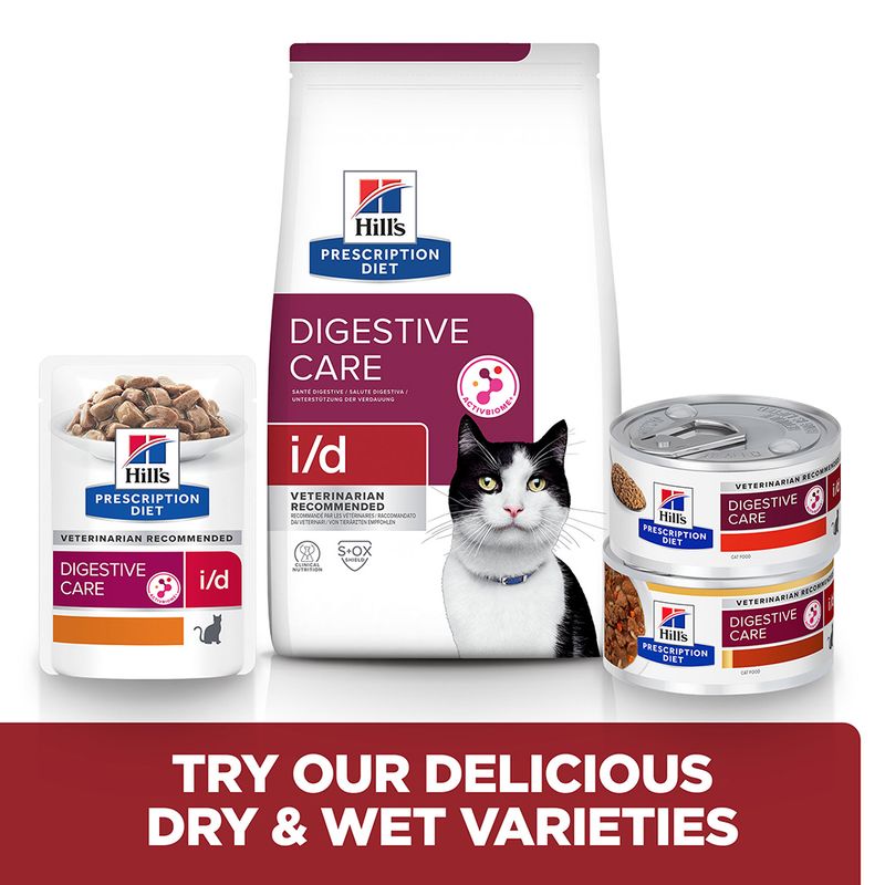 Hills Prescription Diet Digestive Care cat food packaging including dry and wet varieties on a white background.