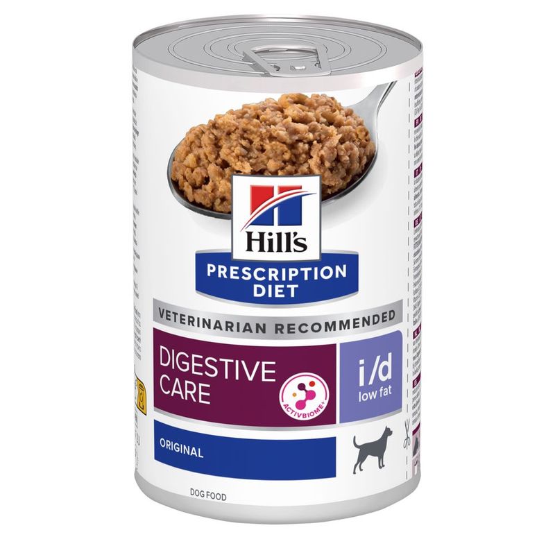 Can of Hills Prescription Diet Digestive Care i/d low fat dog food on a white background