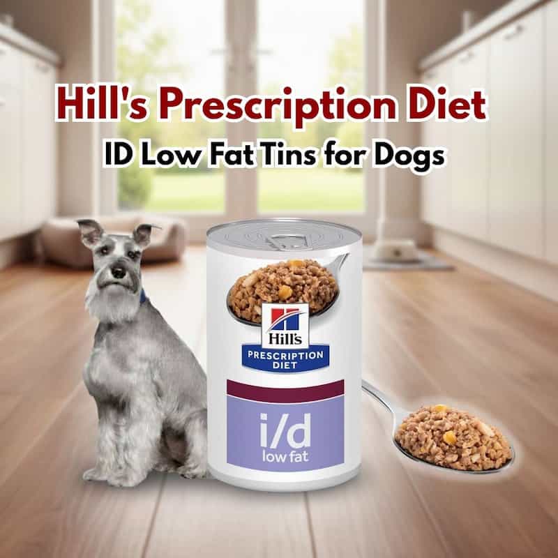 Hill's Prescription Diet i/d low fat can for dogs with a dog and food on a wooden floor.