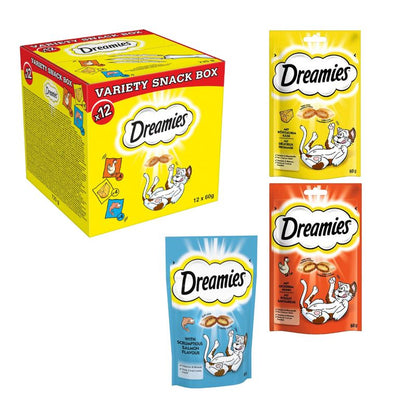 Dreamies cat food variety snack box and individual packages on a white background