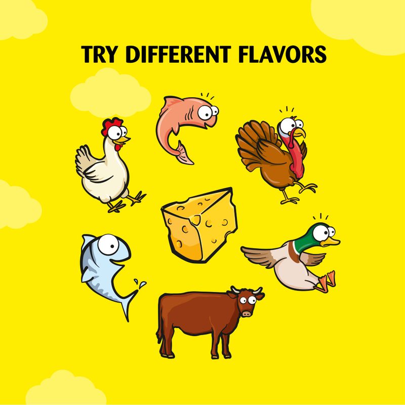 Cartoon animals on a yellow background with text 'Try Different Flavors'.