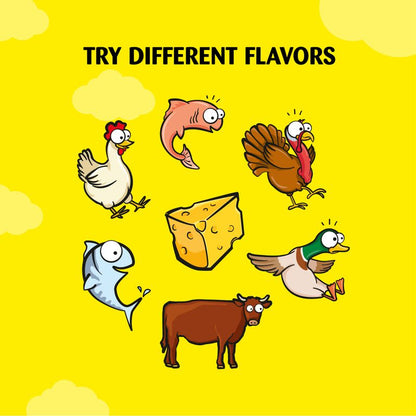 Cartoon animals on a yellow background with text 'Try Different Flavors'.