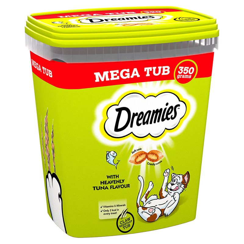 Dreamies cat treat mega tub with tuna flavor on a white background