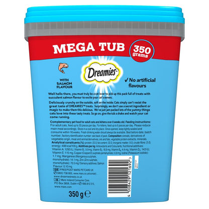 Dreamies cat treat mega tub packaging with blue and red design