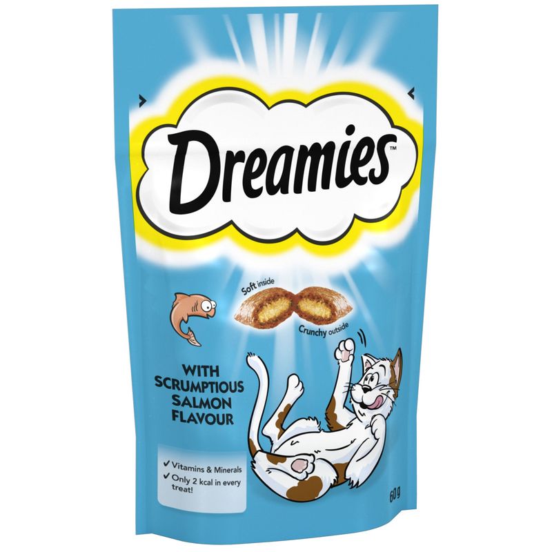 Dreamies cat treat package with a blue background and cartoon cat illustration.