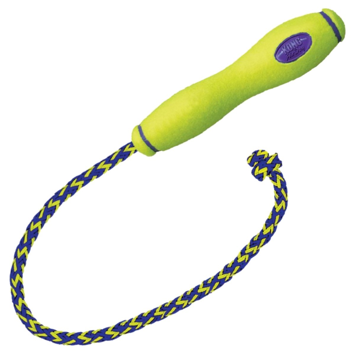 Dog toy with a green handle and blue and yellow rope on a white background