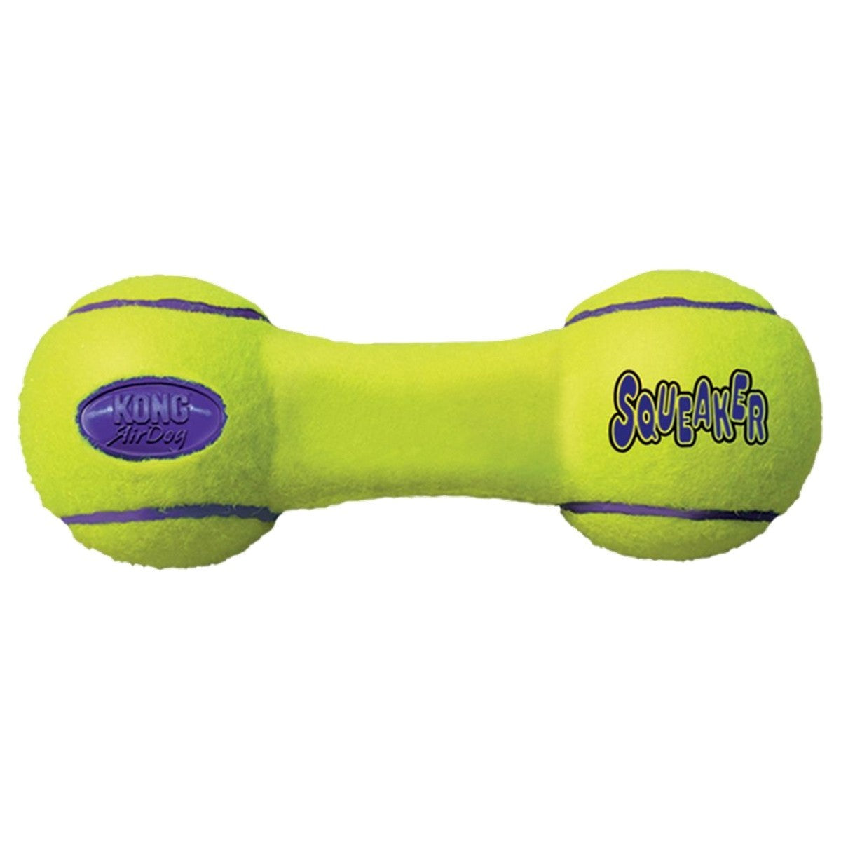 Green dog toy shaped like a dumbbell with 'KONG' branding on a white background
