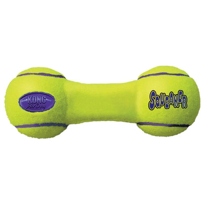 Green dog toy shaped like a dumbbell with 'KONG' branding on a white background
