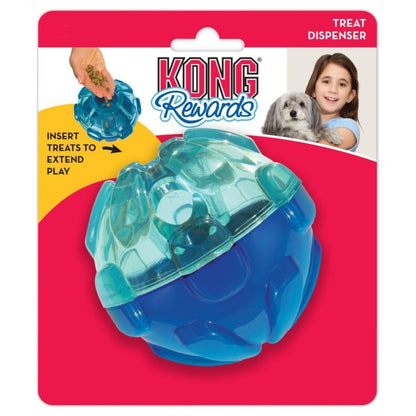 Kong Rewards treat dispenser toy packaging with a blue and clear ball design on a pink background.