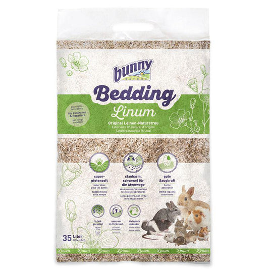 Package of Bunny Bed Linum Natural Linen Bedding for small animal cages, showing the product and cute animals like a rabbit and a hamster on the front.