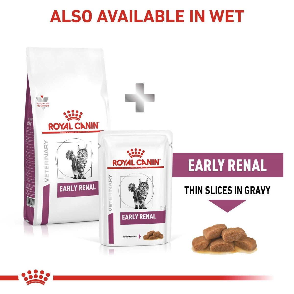 Royal Canin Early Renal pet food packaging with text indicating availability in wet form.