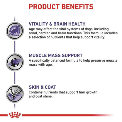 Product benefits for a pet supplement including vitality, brain health, muscle mass support, and skin & coat care.