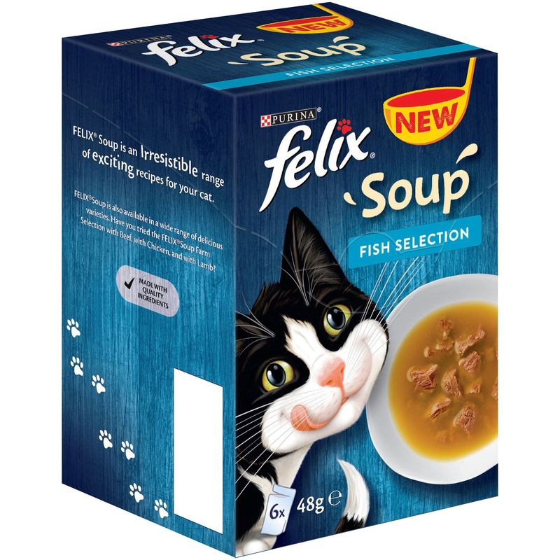 Felix cat soup packaging with a cat illustration on a blue background