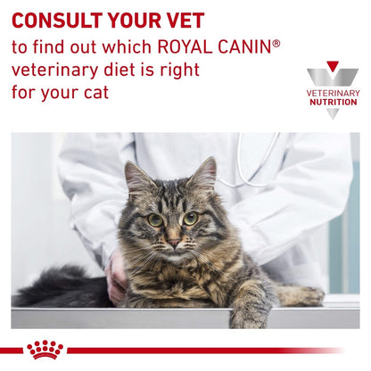Cat being examined by a vet with Royal Canin Veterinary Diet text and logo.